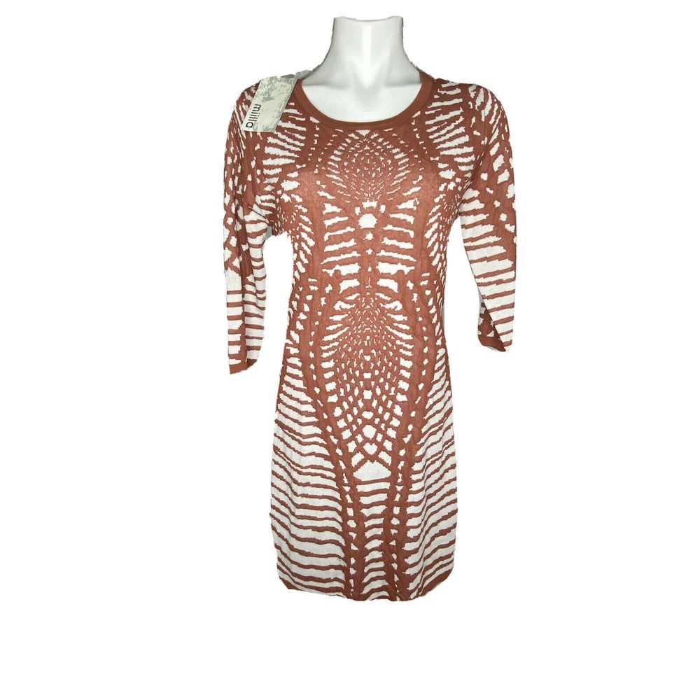 Miilla Knit Shift Dress Womens Medium Rust Ivory Minimalist Casual Chic